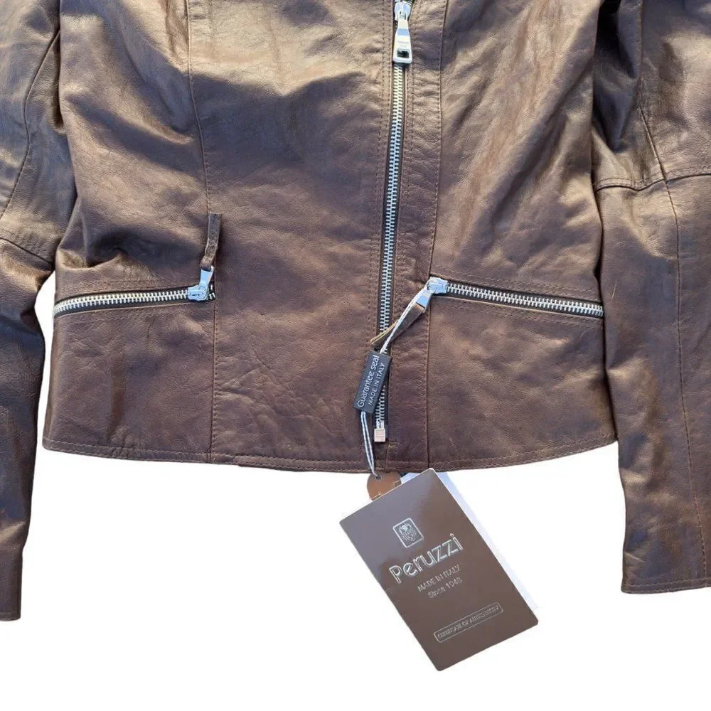 Peruzzi Vera Pelle‎ Leather Italian Made Moto Style Jacket Brown Women's 2